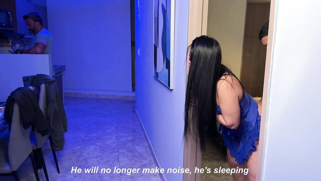 Asian MILF stepmom in dress sneaks out bedroom after silencing stepson