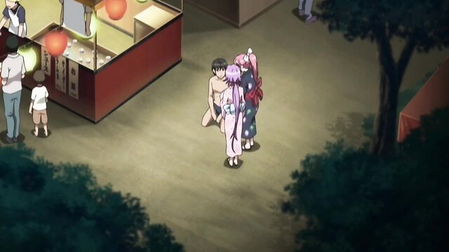 Hentai teens in yukata catch peeping tom at festival, skinny girl nude