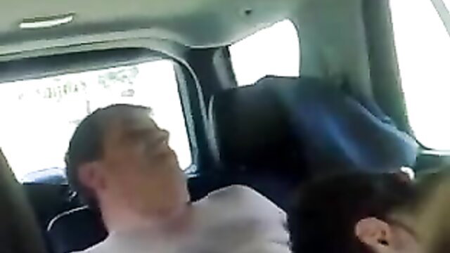 Skinny guy asleep on back seat as fat old man leans in car fuck