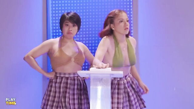 Two sexy Asian babes in skimpy bikinis and plaid miniskirts posing seductively