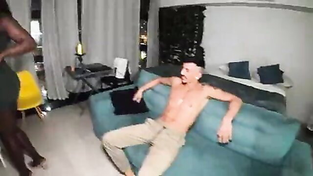 Ian Black topless with hot Brazilian black ass model in hotel room
