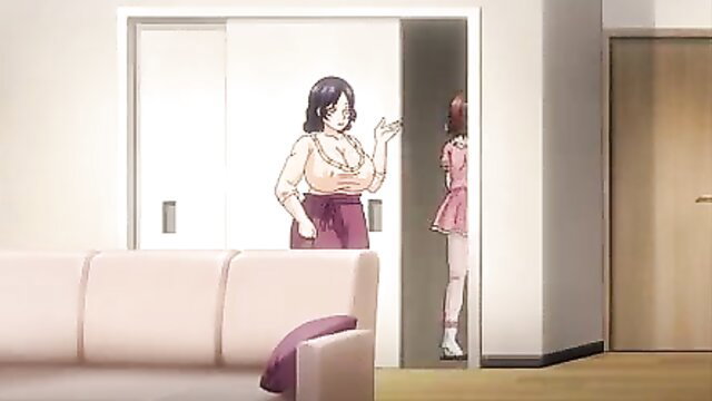 Busty mature Japanese woman in blouse waving at girl in pink dress