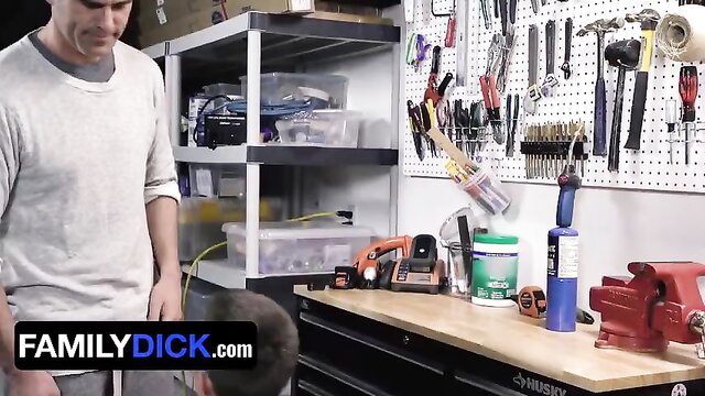 Shy twink boy bent over workbench rammed by older man in garage