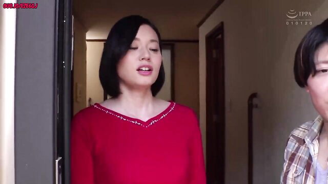 Hentai Babee in red top with stepdaughter at door, JAV creampie challenge