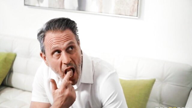 Handsome mature man sticking tongue out seductively, Brazzers Dinner Party Up