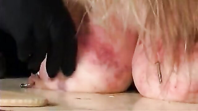 Kinky blonde MILF saggy tits dominated by gloved master hand