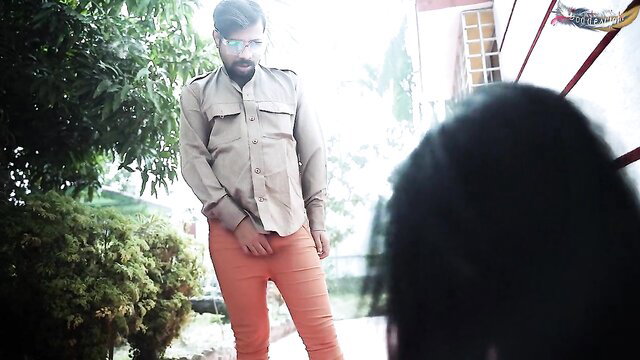 Desi mobster in khaki shirt orange pants stands over woman, hardcore beggar sex
