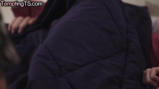 Flirtatious TS seductress under blanket cramming pussy missionary
