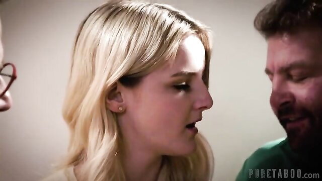 Eliza Eves closeup with man in tense talk, Pure Taboo scene