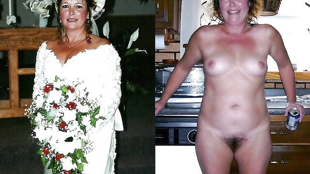 Curvy bride in white gown vs nude in kitchen holding beer