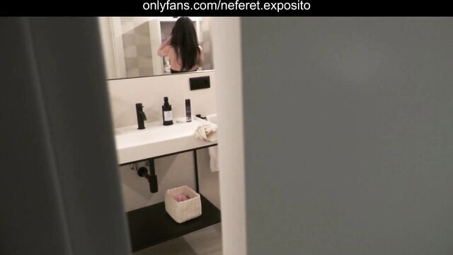 Long-haired Latina stepsister spied naked in bathroom mirror after wild night