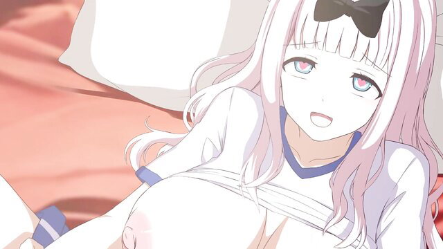 Chika cosplay girl with huge tits smiling in bed, pink hair bow