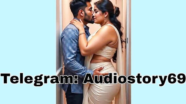 Indian couple kissing passionately, busty woman in white saree blouse