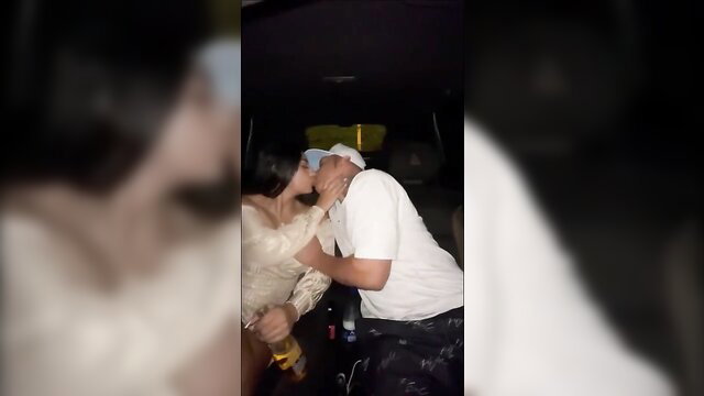 Hot chick picked up on street makes out passionately with guy in car backseat