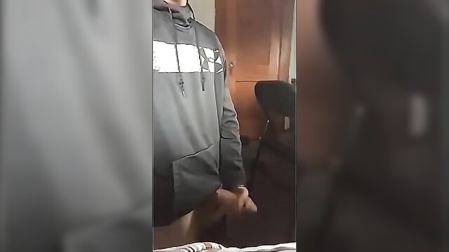 Farm dude in hoodie strokes big cock, AI enhanced solo wank