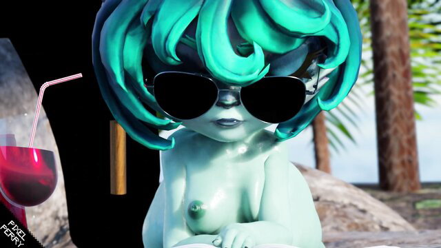 Nude teal-haired anime girl in sunglasses sips wine on beach