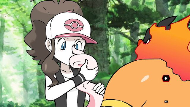 Pokemon Hilda fellatio on pink cock with fiery Charizard in forest