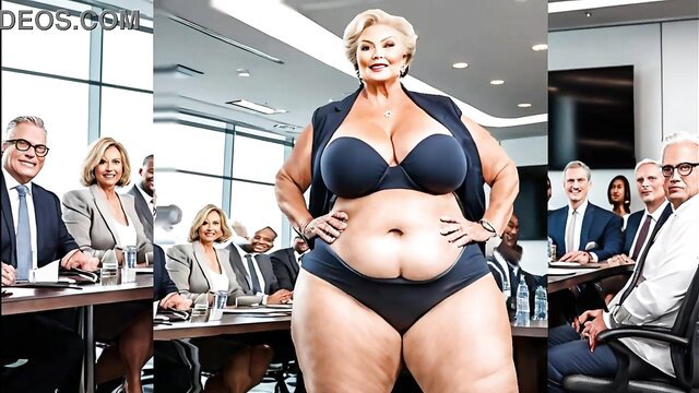 Overweight blonde GILF step-mommy in bra and panties at office meeting
