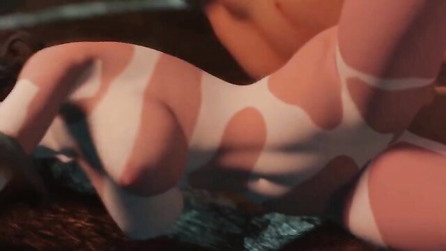 Sexy hucow in cow print bodysuit bends over on Hucow Farm 2