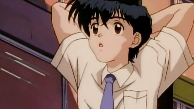 Cute anime trap boy in school uniform stretches arms, Mirai Choujuu Fobia Ep.2