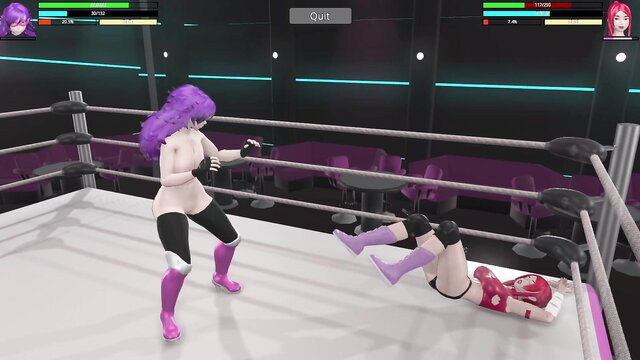 Leria vs Rebecca wrestling match - purple hair babe pins pink foe