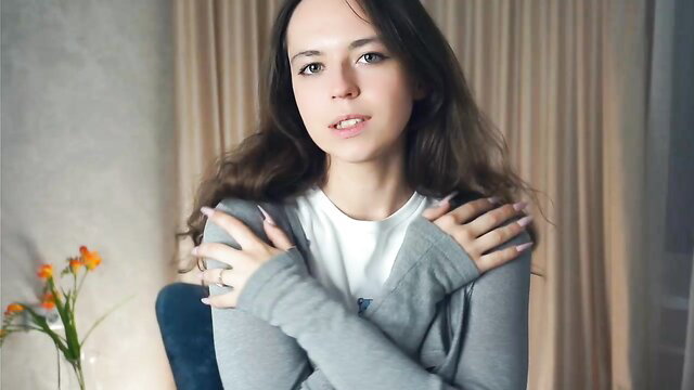 Cutemayana cute young natural 18yo in gray sweater, teasing pose