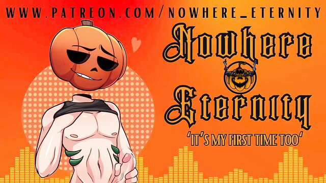 Sexy pumpkin-headed femboy in choker teases nude body, first time allies to lovers