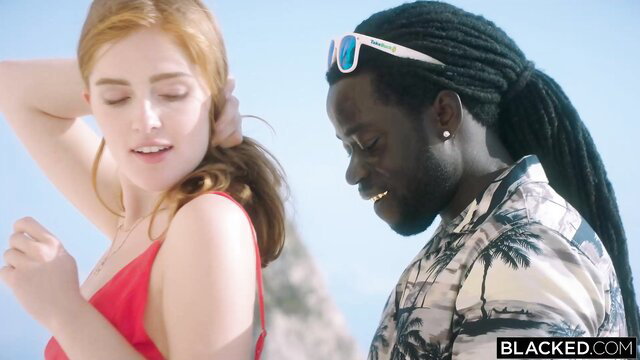 Jia Lissa in red bikini with black stud on beach Blacked