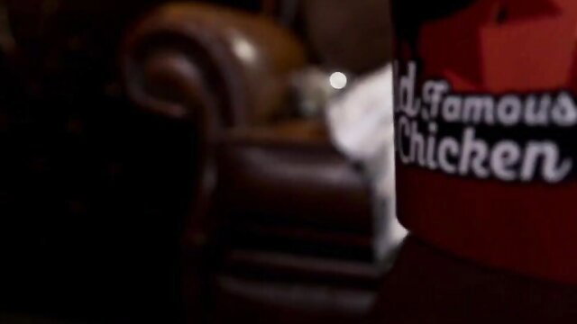 Cassidy Klein with Church's Chicken cup in dim room, Red Riding Hood MILF porn thumbnail