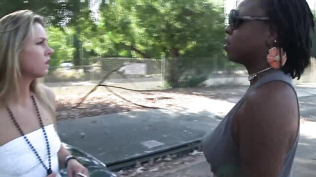 Blonde and ebony women in fetish talk outdoors, Lethal Hardcore