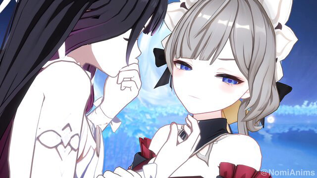 Columbina and Sandrone anime girls kissing intimately
