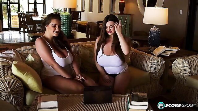 Demmy Blaze and busty friend in tight white tops, sexy lounge tease