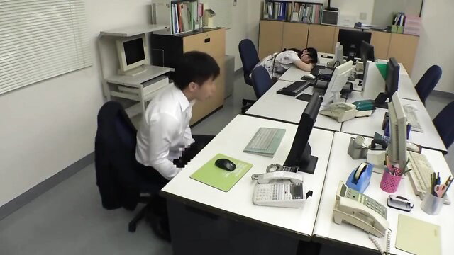 Office worker in sheer black pantyhose reveals underwear at desk