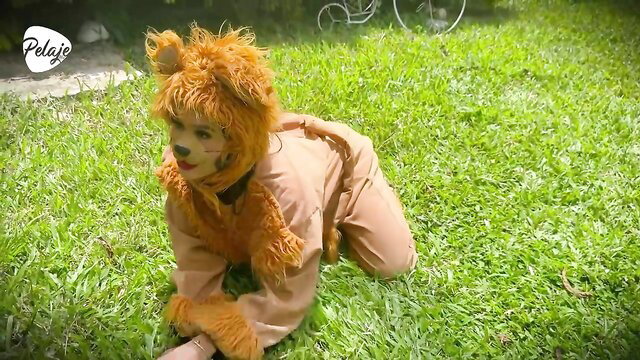 Cute costumed lioness in playful pose, lesbian wrestling sex thumbnail