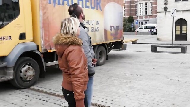 Amateur blonde MILF couple standing by truck in outdoor hard sex tease