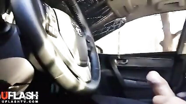 Man flashing hard cock in car dashboard POV quick flash