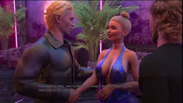 Katy in skimpy blue dress greets John & Will at lust club Couples Lustbound