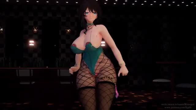 Ruan Mei by KneeGod in skimpy green lingerie, fishnets, teasing pose