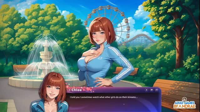 Isizzu and Chloe in adult visual novel thumbnail with park scene