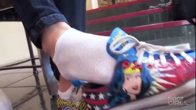 Bratty Foot Girls Wonder Woman sneakers and white socks foot teasing
