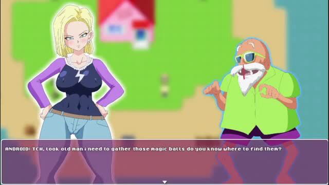 Android 18 in crop top and jeans meets old man, Dragon Ball parody