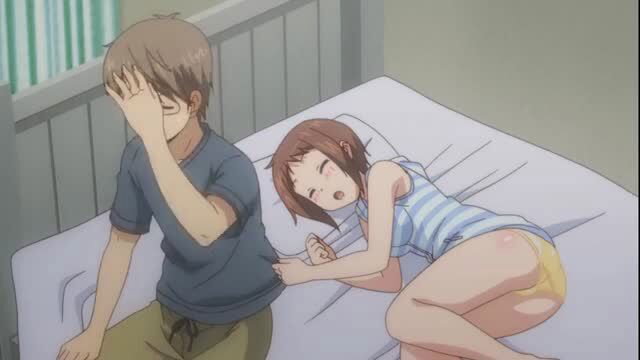 Anime couple in bed, boy embarrassed beside girl in striped top and panties