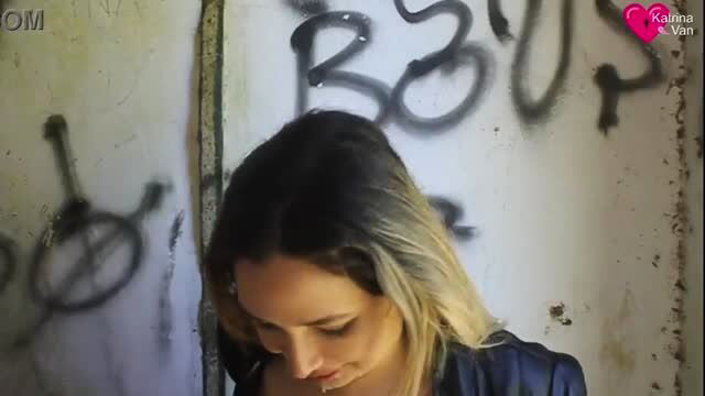 Blonde woman with cum on lips after outdoor blowjob