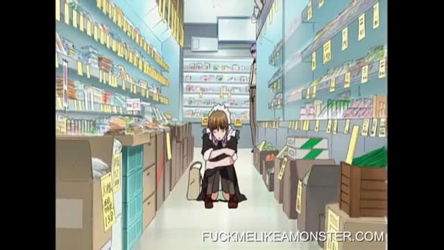 Anime maid masturbating on floor in store aisle