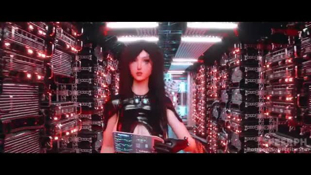 Gothic ballerina in glossy black outfit holding tablet in server room