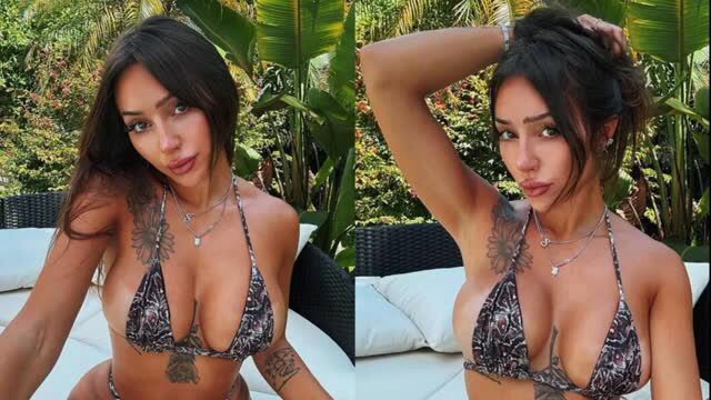 Sisi Rose in floral bikini, big tits, tattoos, outdoor photoshoot