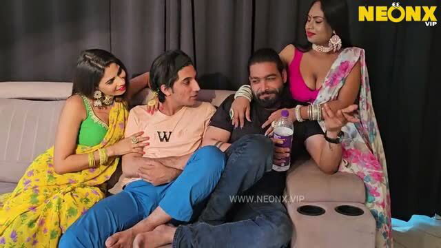 Hot desi jija sali foursome on couch with busty Indian women