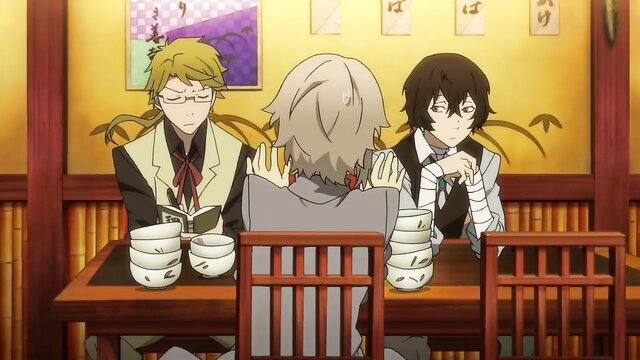 Bungou Stray Dogs cosplay boys seated at table in suits anime style