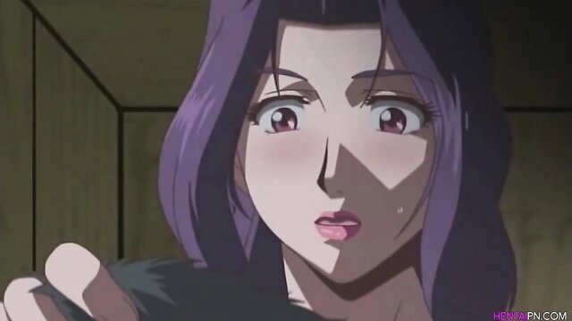 Purple-haired anime milf ahegao face in hentai DP gardeners scene
