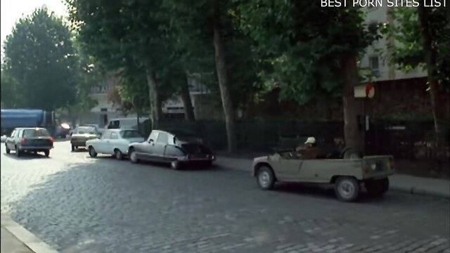 Vintage cars parked on cobblestone street with trees, classic outdoor scene